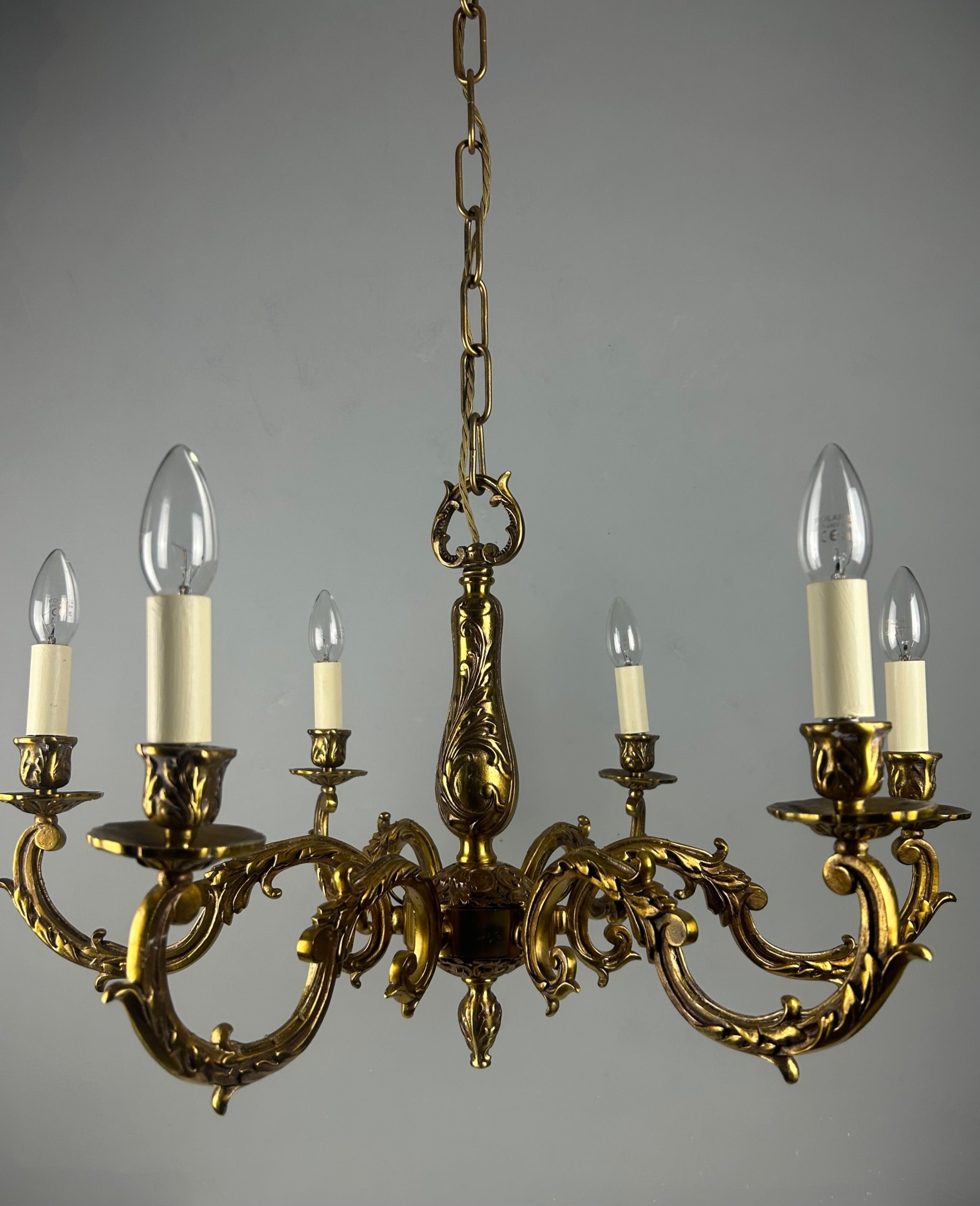 Large French Gilded Brass 6 Light Antique Chandelier