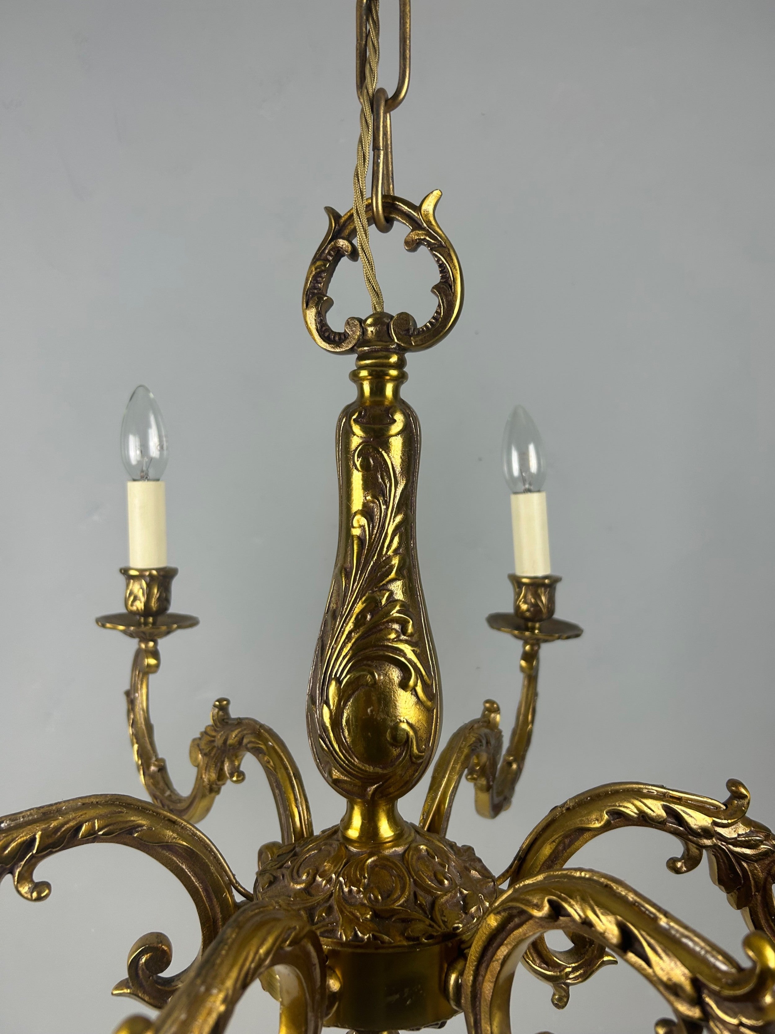 Large French Gilded Brass 6 Light Antique Chandelier