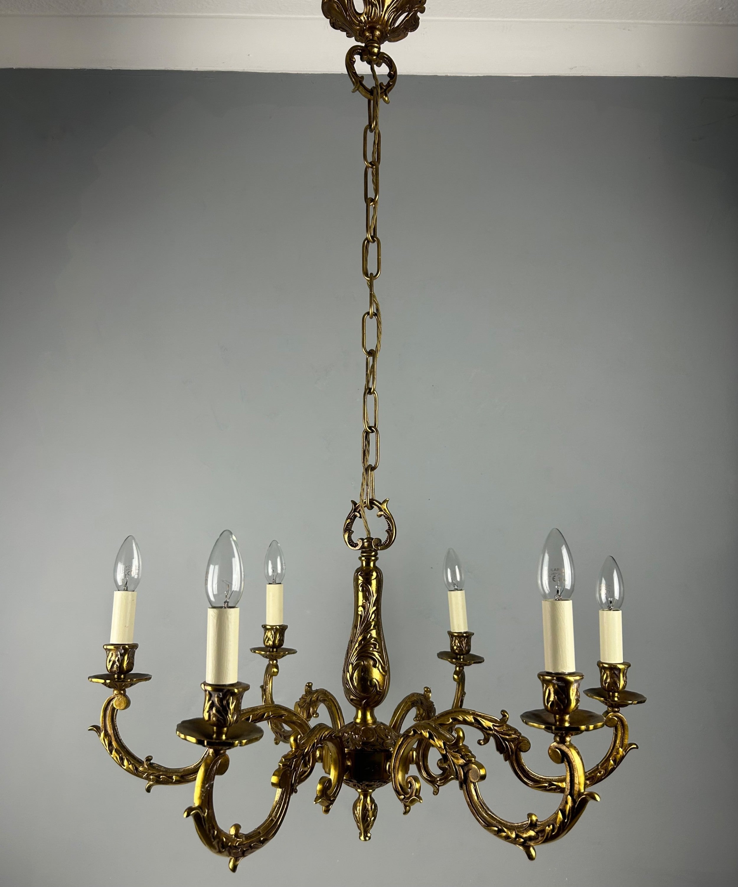 Large French Gilded Brass 6 Light Antique Chandelier