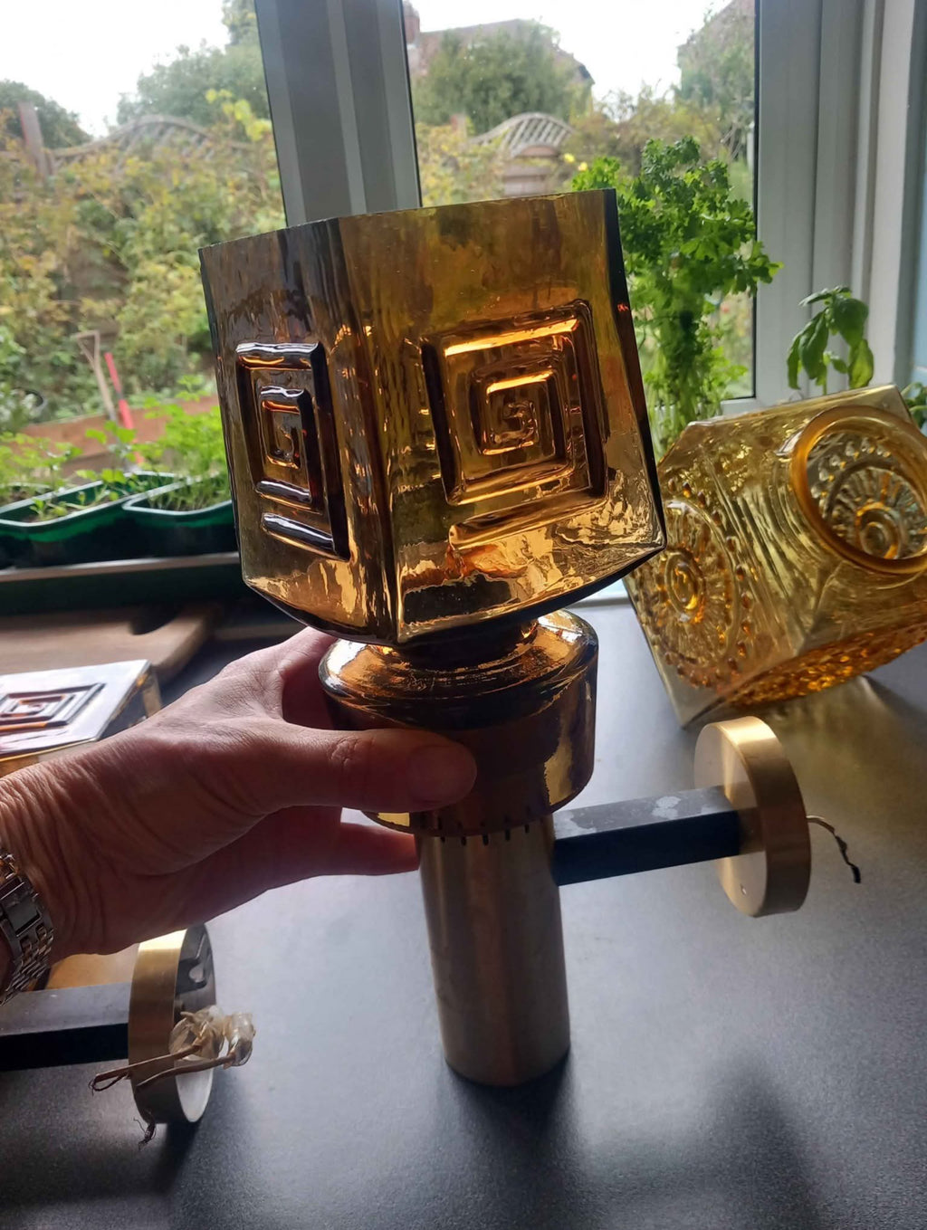 Mid Century Amber Glass Wall Light Sconce Vintage Retro Lamp 1970s UK