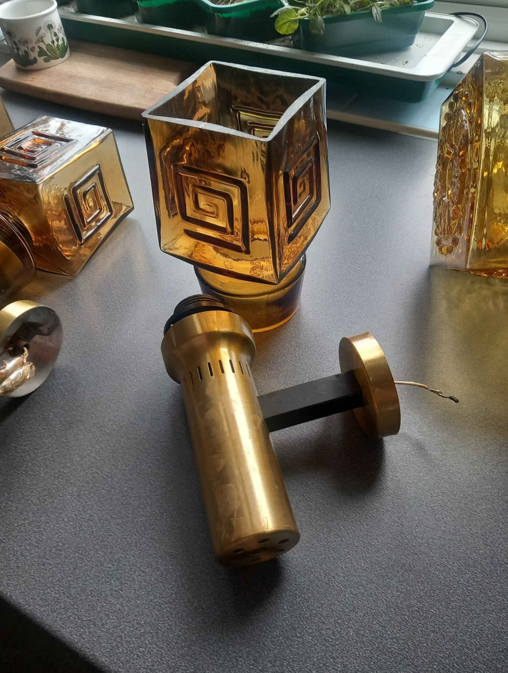 Mid Century Amber Glass Wall Light Sconce Vintage Retro Lamp 1970s UK