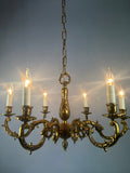 Large French Gilded Brass 6 Light Antique Chandelier