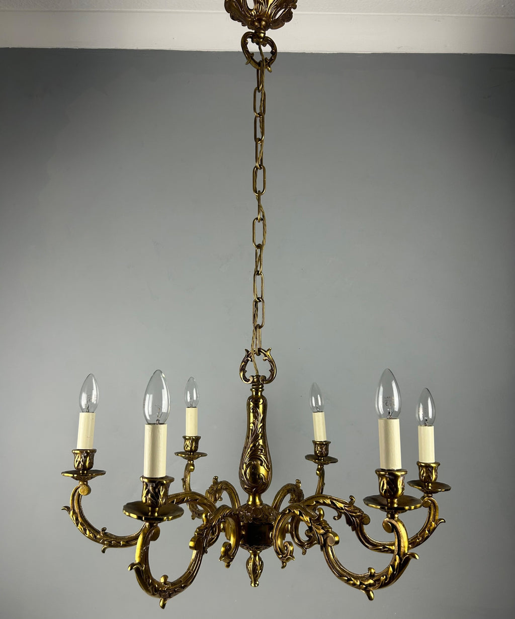 Large French Gilded Brass 6 Light Antique Chandelier