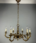 Large French Gilded Brass 6 Light Antique Chandelier
